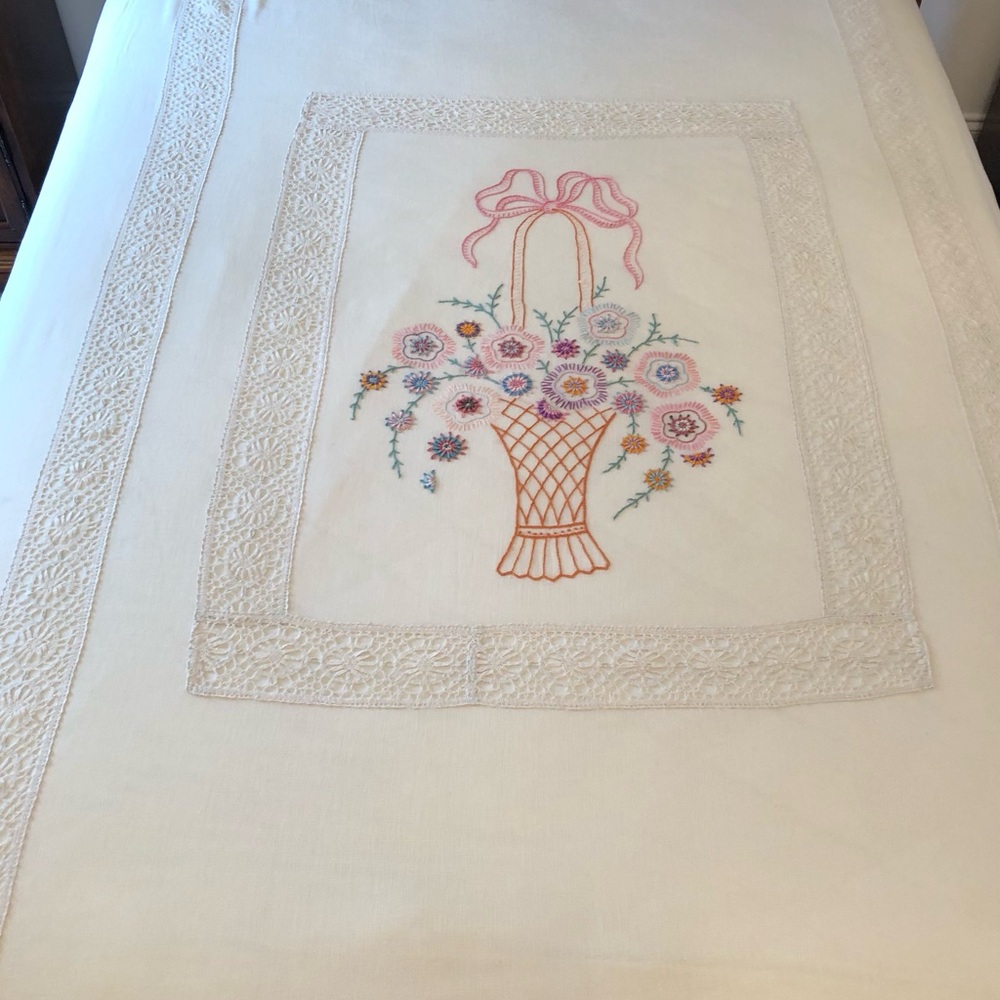 Lace & LINEN 100+ years old embroidered coverlet sheer